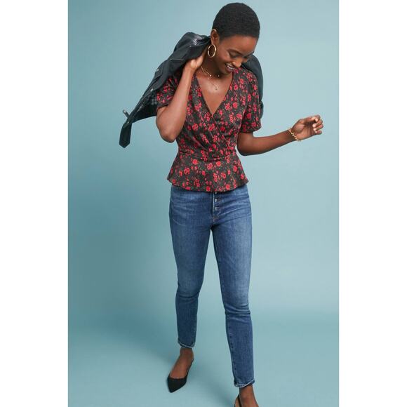 Anthro Meadow & Rue Heartland Floral Faux Wrap Peplum Top Size XS Black Red - Picture 3 of 12